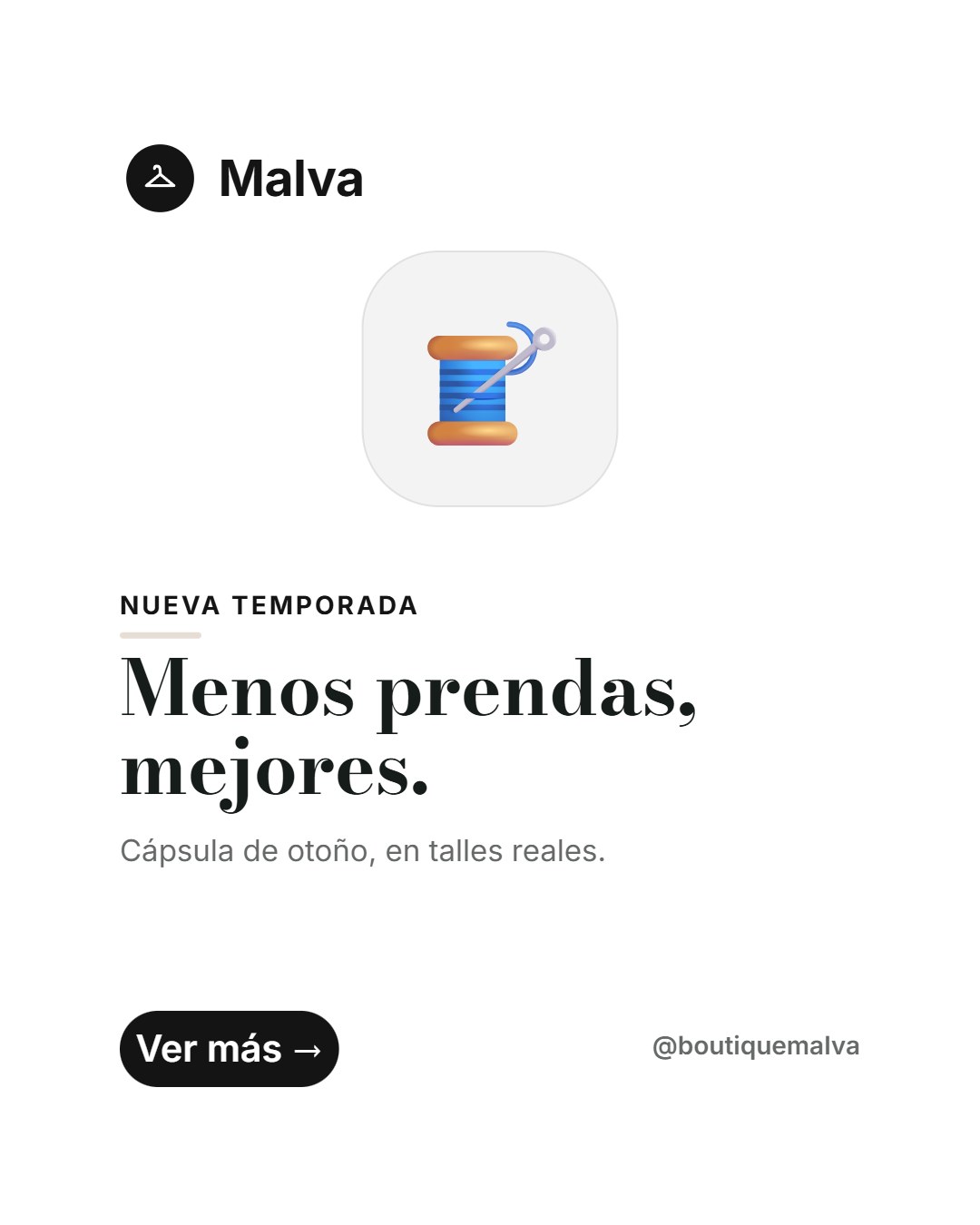 Publicación de una boutique: fondo blanco y serif editorial, sin adornos