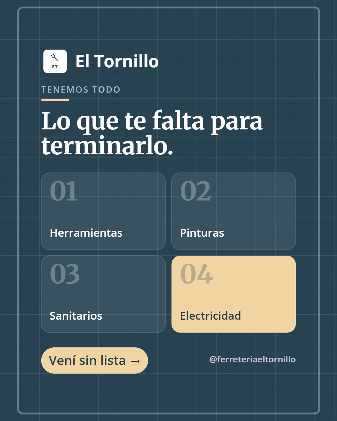 Publicación de una ferretería: grilla de cuatro bloques numerados sobre azul acero