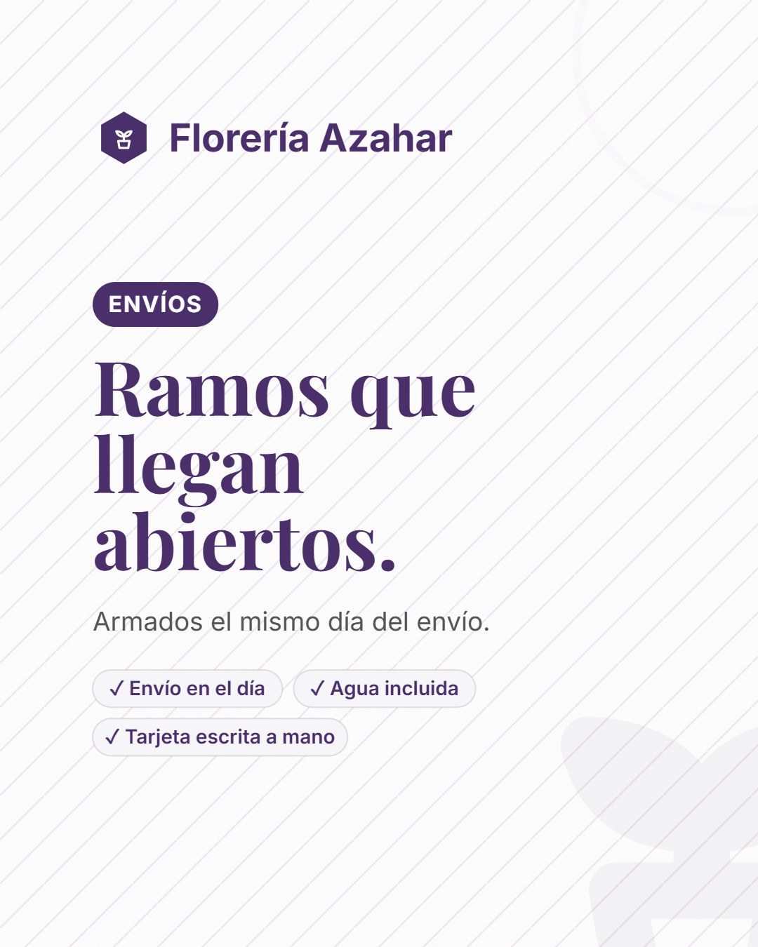 Pieza de una florería: promo con sellos y acentos violeta sobre fondo blanco