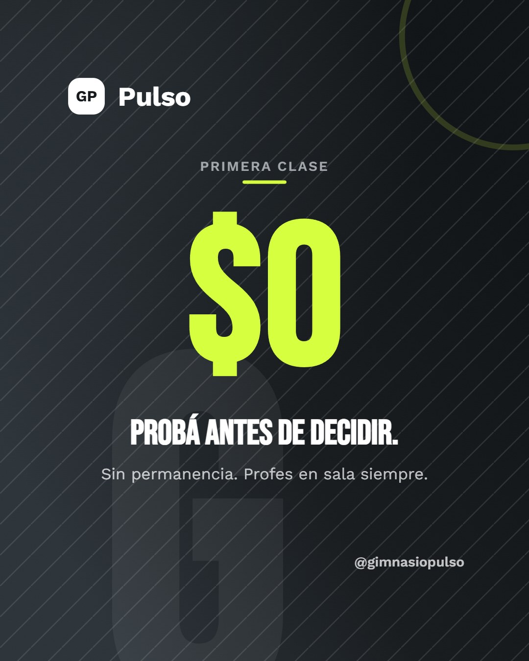 Publicación de un gimnasio: fondo casi negro con un número gigante en verde lima
